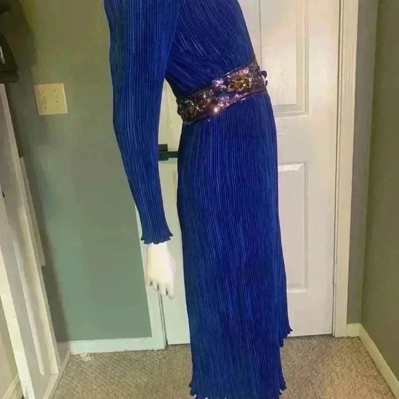 Nuit Vintage 80s Crepe Dress 10 Sequin Wasp Belt Blue Longsleeve Cocktail Formal - Picture 10 of 13